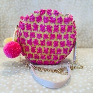 Trendy Round Handwoven Straw Crossbody Bag Pom-Pom Pink Tan gold chain NWT